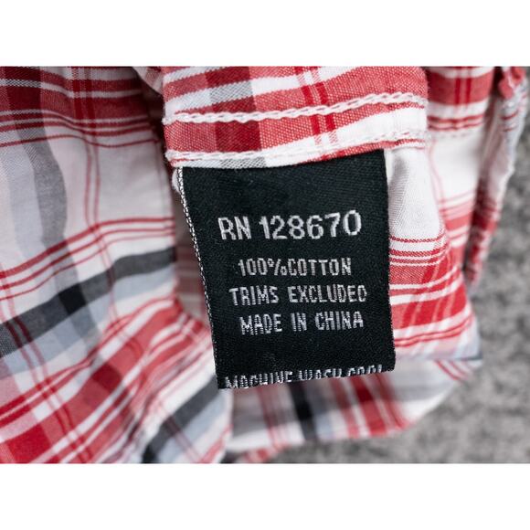 Cowboy Hardware Shirt Mens Medium Red White Plaid Pearl Snap Steer Skull Graphic - Picture 5 of 13